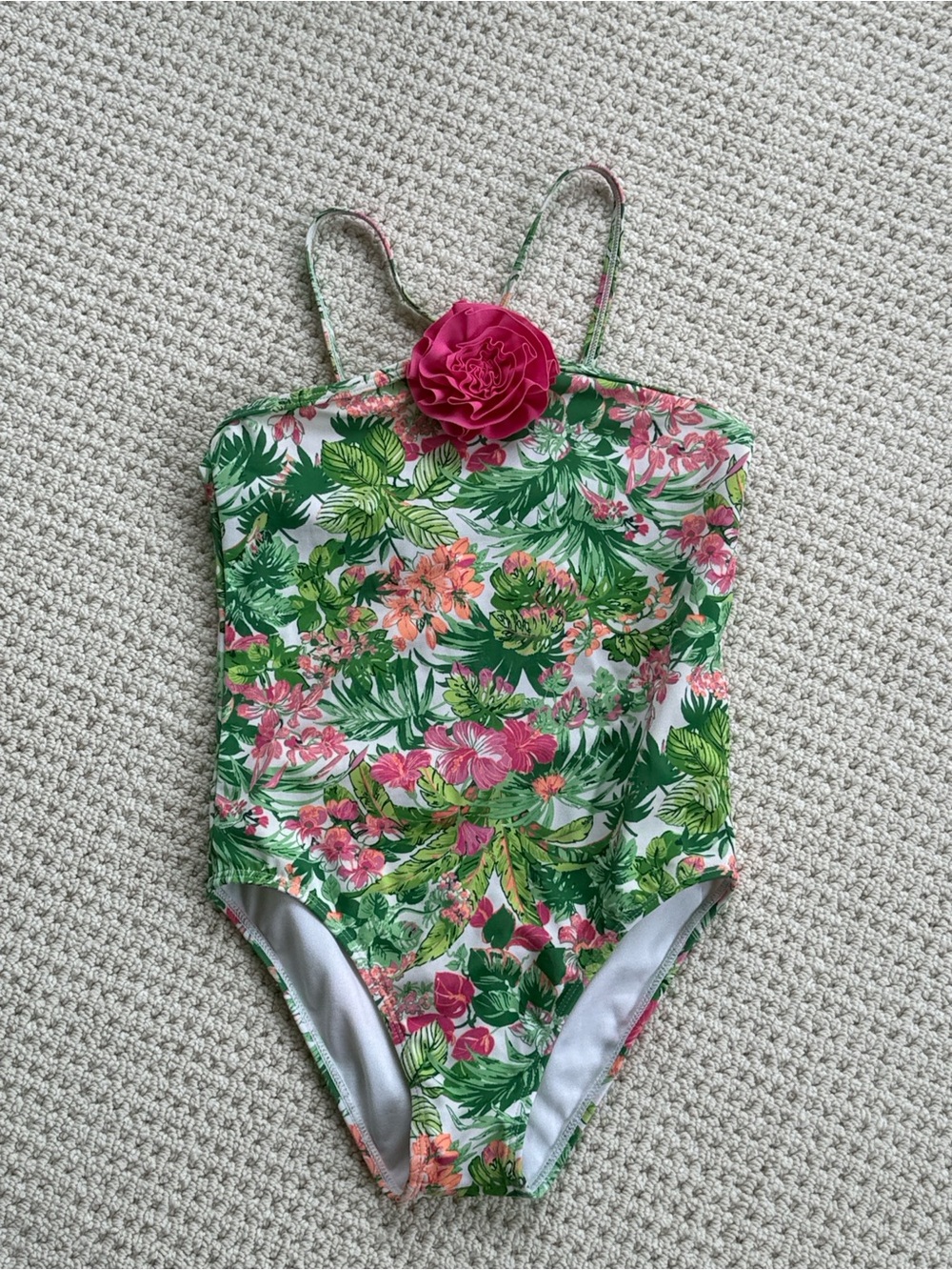 Janie and Jack Green Tropical Floral One-Piece Swimsuit with Pink Flower Accent